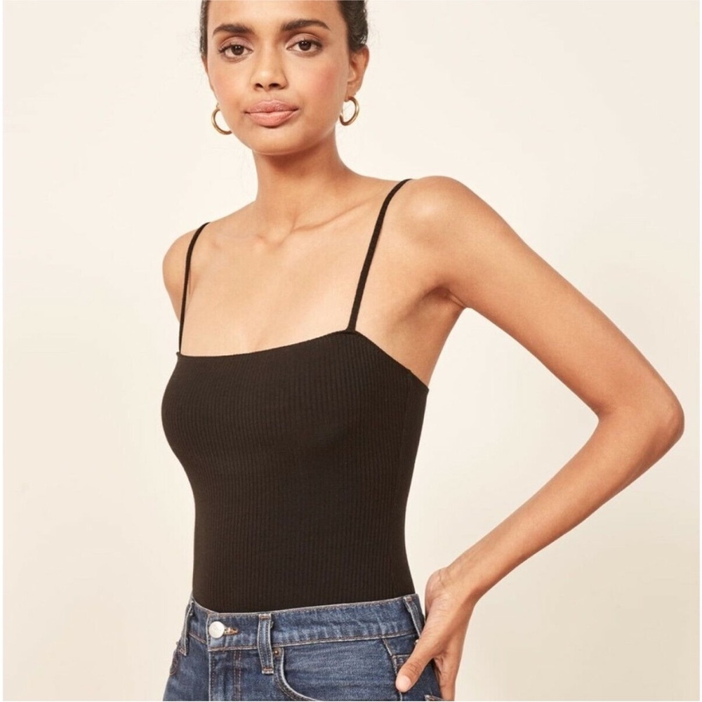 Reformation Black Ribbed Square-Neck Bodysuit